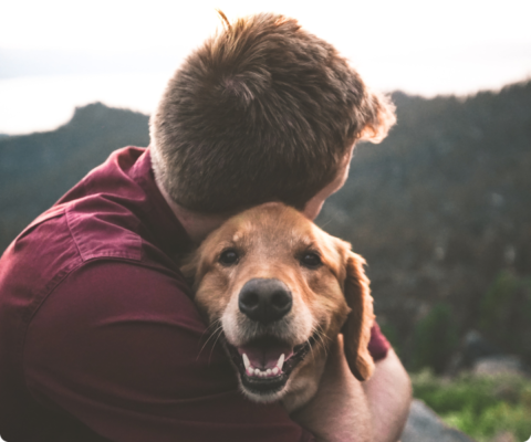 Man hugging a golden retriever