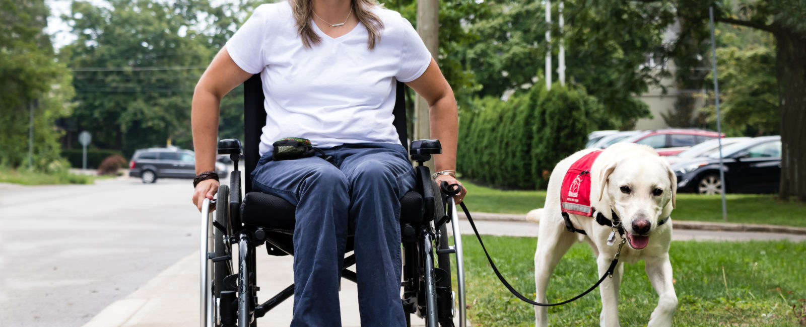 Femme en fauteuil roulant se promenant avec son chien guide à ses côtés