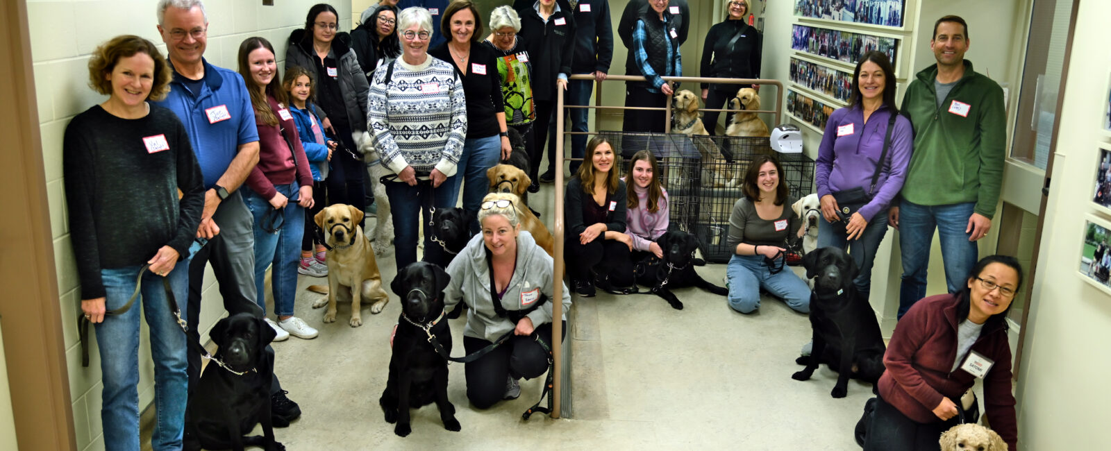 Volunteers sit next to Dog Guides in training