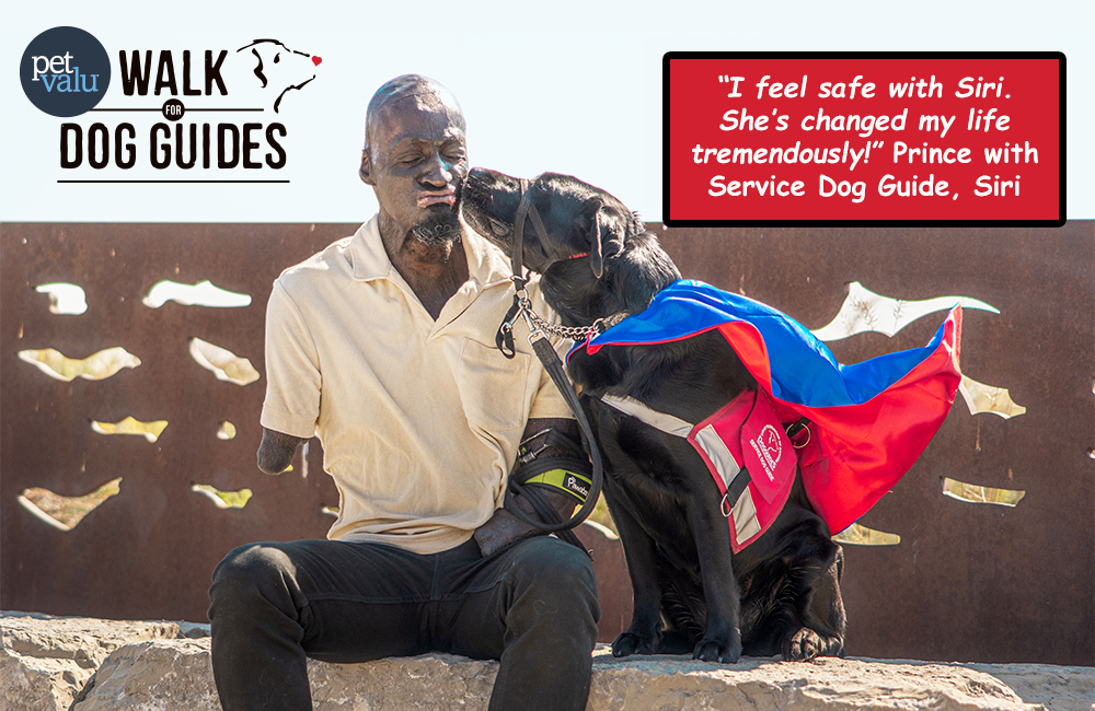 Dog Guide with a super hero cape kisses his handler